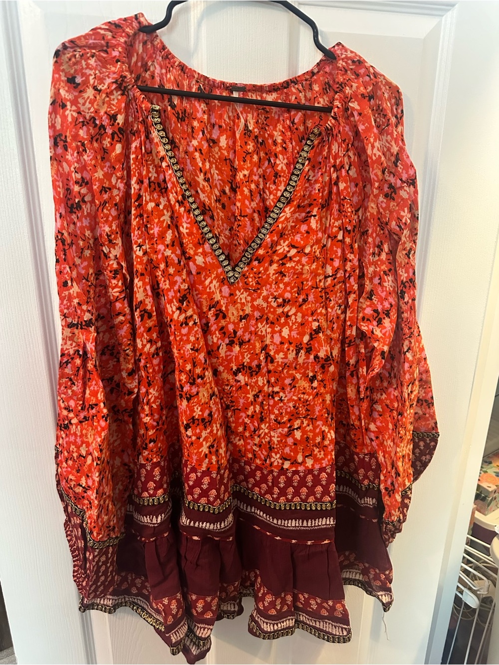 Free People Red Orange Floral Peasant Blouse